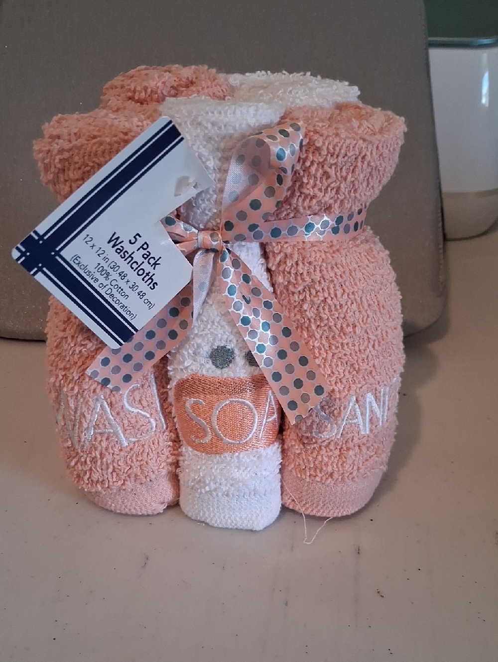 Peach & White Embroidered Washcloth Set - 5 Pack